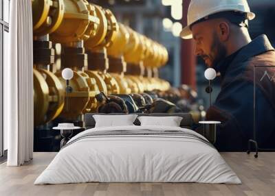 A man wearing a hard hat is seen working on pipes Wall mural