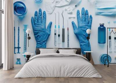 A medical professional wearing blue gloves surrounded by various medical supplies, ideal for depicting a sterile environment or medical procedure Wall mural