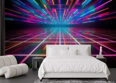 A mesmerizing neon light tunnel illuminates a dark room. Perfect for creating a futuristic or mysterious atmosphere in designs and projects. Wall mural