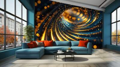 A mesmerizing spiral of golden and blue lights on a dark background, ideal for use in futuristic or technological concepts Wall mural