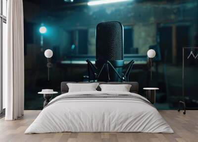 A microphone sits in a darkened room lit by a single light source Wall mural