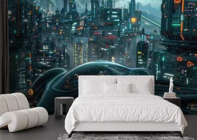 A modern metropolis with a sleek vehicle, great for travel or technology concepts Wall mural