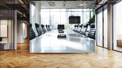 A modern office conference table with a phone on it, suitable for business and corporate environments Wall mural