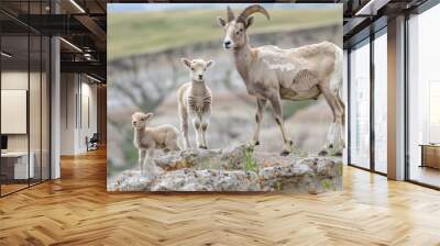 A mother goat and her two kids grazing on a rocky outcropping Wall mural