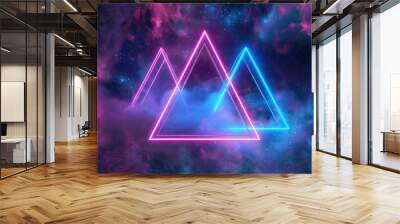 A neon triangle shining in a colorful galaxy, suitable for futuristic designs Wall mural