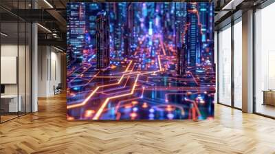 A nighttime view of a futuristic city with glowing lights and modern architecture Wall mural