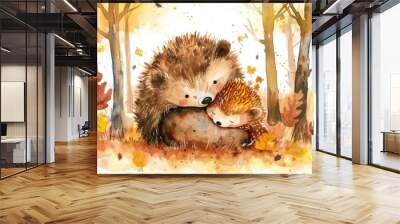 A painting of two hedgehogs in a natural forest setting. Suitable for nature and animal themed projects Wall mural