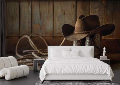 A pair of cowboy boots and a hat sit on a wooden floor, perfect for a western-themed setting or rustic decor Wall mural