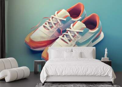 A pair of sneakers on a blue background, suitable for athletic and sporty themes Wall mural