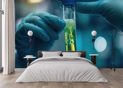 A person holding a test tube filled with liquid, suitable for science and laboratory scenes Wall mural