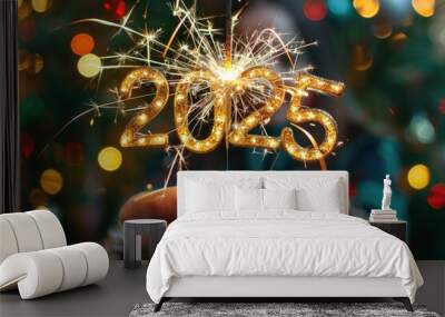 A person holds a lit sparkler, perfect for use in celebration or decorative scenes Wall mural