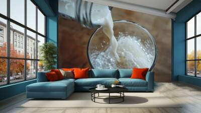 A person pouring milk into a glass. Suitable for food and beverage concepts Wall mural