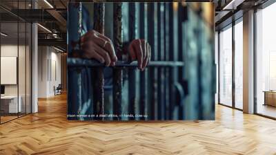 a person standing behind bars in a jail cell. suitable for crime and punishment concepts Wall mural