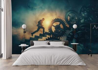 A person walking on mechanical gears suspended high above the ground, possibly in an industrial or sci-fi setting Wall mural