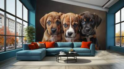 A photo of three brown and white puppies sitting side by side Wall mural