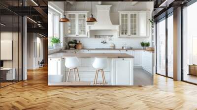 A picture of a kitchen featuring white cabinets and wooden countertops. Perfect for showcasing modern and stylish kitchen designs Wall mural