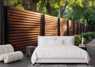 A picture of a wooden fence with black posts and wood slats. This image can be used to illustrate concepts related to home improvement, outdoor living, or property boundaries. Wall mural