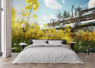 A picturesque image of a bunch of pipes standing tall amidst a vibrant field of yellow flowers.  Wall mural