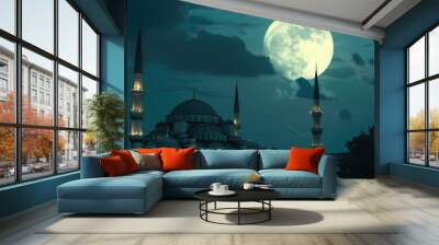 A picturesque scene of a full moon rising over a mosque, creating a mystical ambiance. Perfect for religious or night-themed designs Wall mural