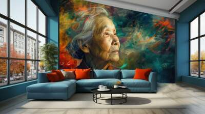 A portrait of an old woman with distinctive white hair wearing a red jacket. Suitable for various themes and concepts Wall mural