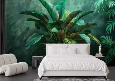 A potted plant displayed against a vibrant green wall, suitable for interior design concepts Wall mural