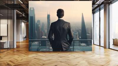 A professional man in a suit standing and gazing at the cityscape. Suitable for business, success, and urban themes Wall mural