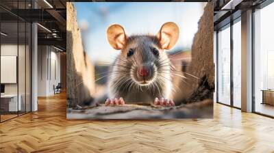 A rat peeks out from a hole in a wall. This image can be used to depict curiosity, hidden danger, or the concept of surveillance. Wall mural