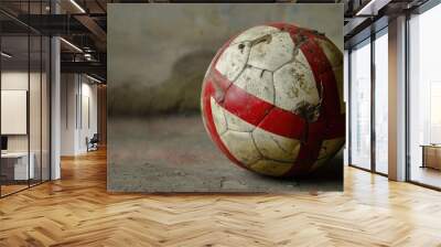 A red and white soccer ball sits on the grassy ground, ready for play Wall mural