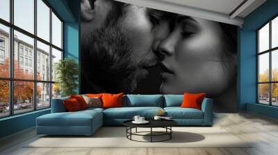 A romantic black and white image capturing a passionate kiss between a man and a woman. Perfect for expressing love and affection. Wall mural