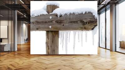 A rustic wooden sign covered in snow and icicles, perfect for winter-themed projects Wall mural