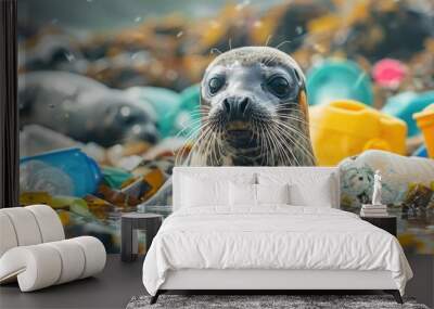 A seal swimming in polluted waters, suitable for environmental concepts Wall mural