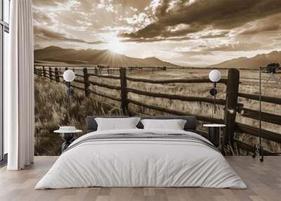 A sepia toned photo of a fence in a field. Suitable for rustic, vintage, or nature themed designs Wall mural