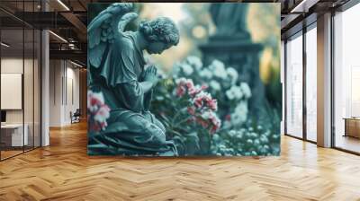 A serene angel statue praying in a peaceful garden. Ideal for religious or spiritual concepts Wall mural