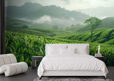 A serene landscape featuring a field of green grass and a single tree standing tall Wall mural