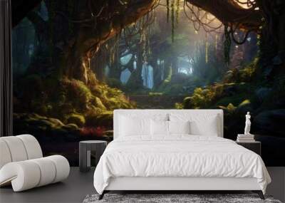 A serene painting depicting a forest with a stream flowing through it. This artwork captures the beauty and tranquility of nature. Perfect for adding a touch of serenity to any space. Wall mural