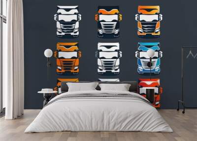 A set of colorful trucks on a dark background, suitable for use in illustrations or designs Wall mural