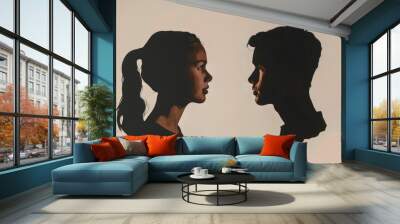 A silhouette of a man and woman standing against a wall. Suitable for various concepts and designs Wall mural