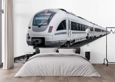 A silver train travels down train tracks on a white background, ideal for uses such as travel, transportation, and infrastructure illustrations Wall mural