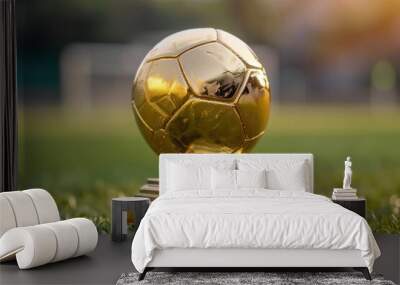 A soccer ball perched atop a glittering golden trophy, perfect for sports-themed celebrations or awards Wall mural