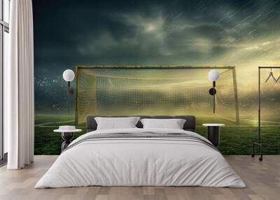 A soccer goal situated in the middle of a grassy field, ready for a match Wall mural