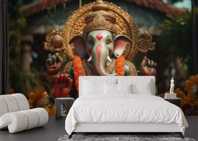 A statue of an elephant adorned with a beautiful bunch of flowers. Perfect for adding a touch of elegance to any space Wall mural