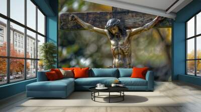 A statue of Jesus on a wooden cross, a symbol of faith and sacrifice Wall mural