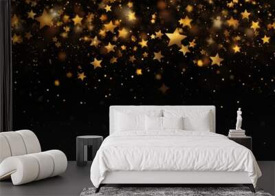 A striking image featuring a black background adorned with shimmering gold stars. Perfect for adding a touch of elegance and sparkle to any design project. Wall mural