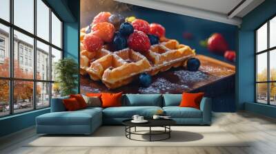 A sweet breakfast treat topped with fresh berries and powdered sugar Wall mural