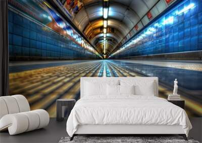 A train moves through a dark tunnel Wall mural