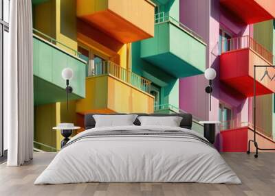 A vibrant building with colorful balconies, ideal for illustrations of urban architecture or decorative design Wall mural