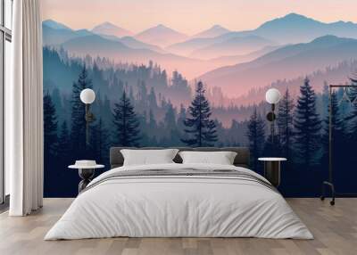 A view of a mountain range with trees in the foreground. Suitable for nature and landscape concepts Wall mural