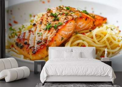 A white bowl filled with pasta and salmon for a healthy meal Wall mural