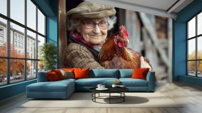 A woman cradles a rooster in her arms, a moment of tenderness and connection Wall mural