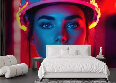 A woman in a hard hat with neon lights working on a construction site at night Wall mural